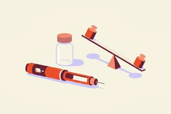 Editorial still-life of a single GLP-1 injection pen lying horizontally beside a small empty pill bottle and a softly tilted balance scale — illustration for a 2026 PMHNP guide to GLP-1 receptor agonists for antipsychotic-induced weight gain.