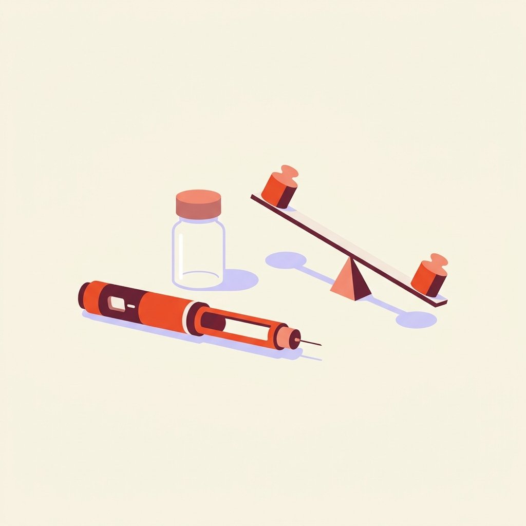 Editorial still-life of a single GLP-1 injection pen lying horizontally beside a small empty pill bottle and a softly tilted balance scale — illustration for a 2026 PMHNP guide to GLP-1 receptor agonists for antipsychotic-induced weight gain.