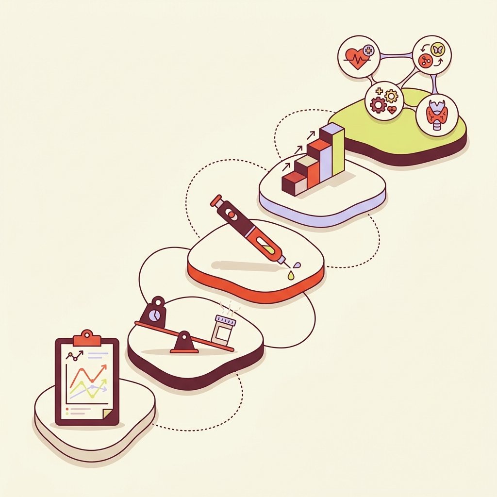 Five-step PMHNP pathway to adding a GLP-1 receptor agonist for antipsychotic-induced weight gain rendered as ascending stepping stones: baseline metabolic screening, recognizing antipsychotic weight gain, low-dose semaglutide initiation, slow weekly titration, and ongoing primary-care and endocrinology co-management.