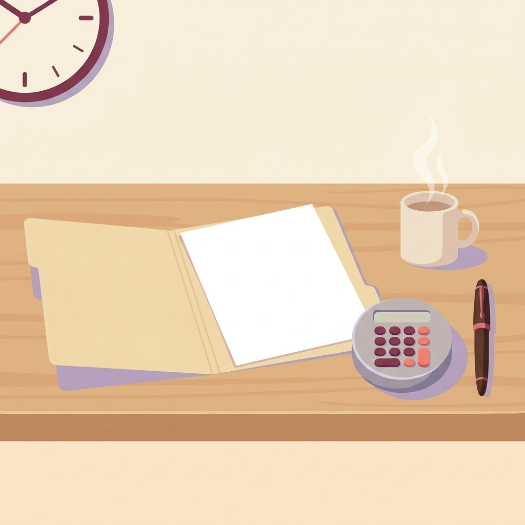 Editorial still-life of an open manila document folder with a clean crisp blank office paper resting on top, a small mechanical desktop calculator, a ceramic cup of coffee with steam, an upright fountain pen, and a small wall clock face on a quiet wooden desk in soft natural overhead light — visual representation of the itemized contents a compliant Good Faith Estimate must include for a cash-pay PMHNP patient under the No Surprises Act.