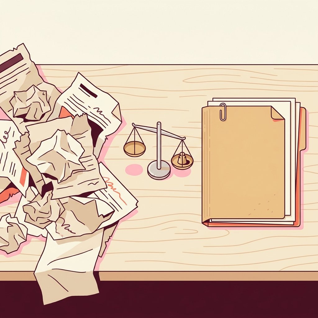 Editorial still-life contrasting two billing-documentation approaches on one wooden desk, with a chaotic crooked pile of loose unsealed crumpled papers on the left representing the disorganized informal verbal-estimate approach that fails compliance, and a neat orderly stack of crisp folded papers tucked inside a sealed manila folder with a paperclip on the right representing the compliant written Good Faith Estimate approach, with a small silver balance scale between them tipped slightly toward the orderly side — the central operational misread most PMHNPs make about the No Surprises Act.