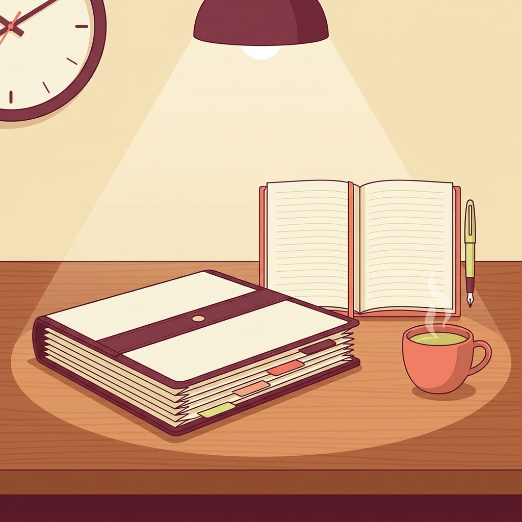Editorial still-life of a closed accordion-style file folder organizer with multiple tabbed compartments on a quiet wooden desk beside an open weekly appointment book with blank lined pages, an upright fountain pen, a ceramic cup of herbal tea with steam, and a small wall clock face under the warm focused circle of a reading lamp — visual representation of structured workflow and recurring-estimate tracking for ongoing psychiatric care in a cash-pay PMHNP private practice.