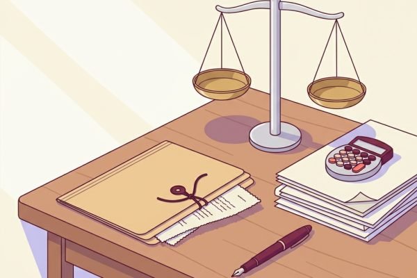 Editorial still-life of a sealed manila document folder with a folded itemized estimate document peeking out, a small silver desktop balance scale resting level, a tidy stack of crisp office papers with a mechanical desktop calculator, and a fountain pen on a quiet wooden desk in soft natural side light — header illustration for a 2026 PMHNP private practice article on the No Surprises Act Good Faith Estimate requirement and the $400 patient-provider dispute threshold.