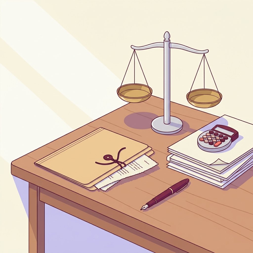 Editorial still-life of a sealed manila document folder with a folded itemized estimate document peeking out, a small silver desktop balance scale resting level, a tidy stack of crisp office papers with a mechanical desktop calculator, and a fountain pen on a quiet wooden desk in soft natural side light — header illustration for a 2026 PMHNP private practice article on the No Surprises Act Good Faith Estimate requirement and the $400 patient-provider dispute threshold.