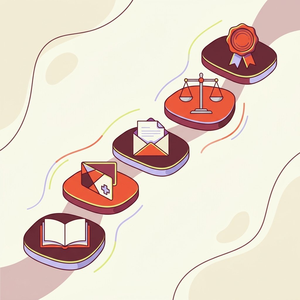 Five ascending stepping stones illustrating the Good Faith Estimate workflow for cash-pay PMHNP private practice: scheduling moment with the appointment book, self-pay determination with the folded insurance card, delivery of the itemized estimate within one business day in a sealed envelope, a level balance scale representing the $400 dispute threshold and patient protection, and a wax-seal medallion representing successful compliance and audit readiness — portrait infographic in editorial illustration style.