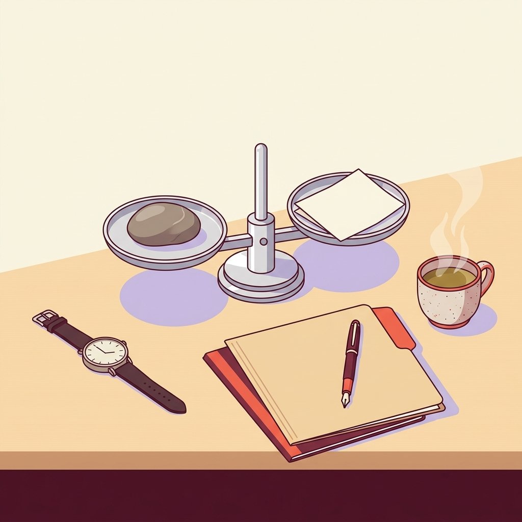 Editorial still-life of a small silver desktop balance scale with its two pans perfectly level, one smooth river stone resting on the left pan and one folded square of clean paper resting on the right pan, beside the scale a small circular pocket watch lying flat, a closed manila document folder with an upright fountain pen on top, and a ceramic cup of herbal tea with gentle steam on a quiet wooden desk in soft natural overhead light — visual representation of the clinical decision criteria a new PMHNP weighs when deciding whether to recommend inpatient hospitalization.