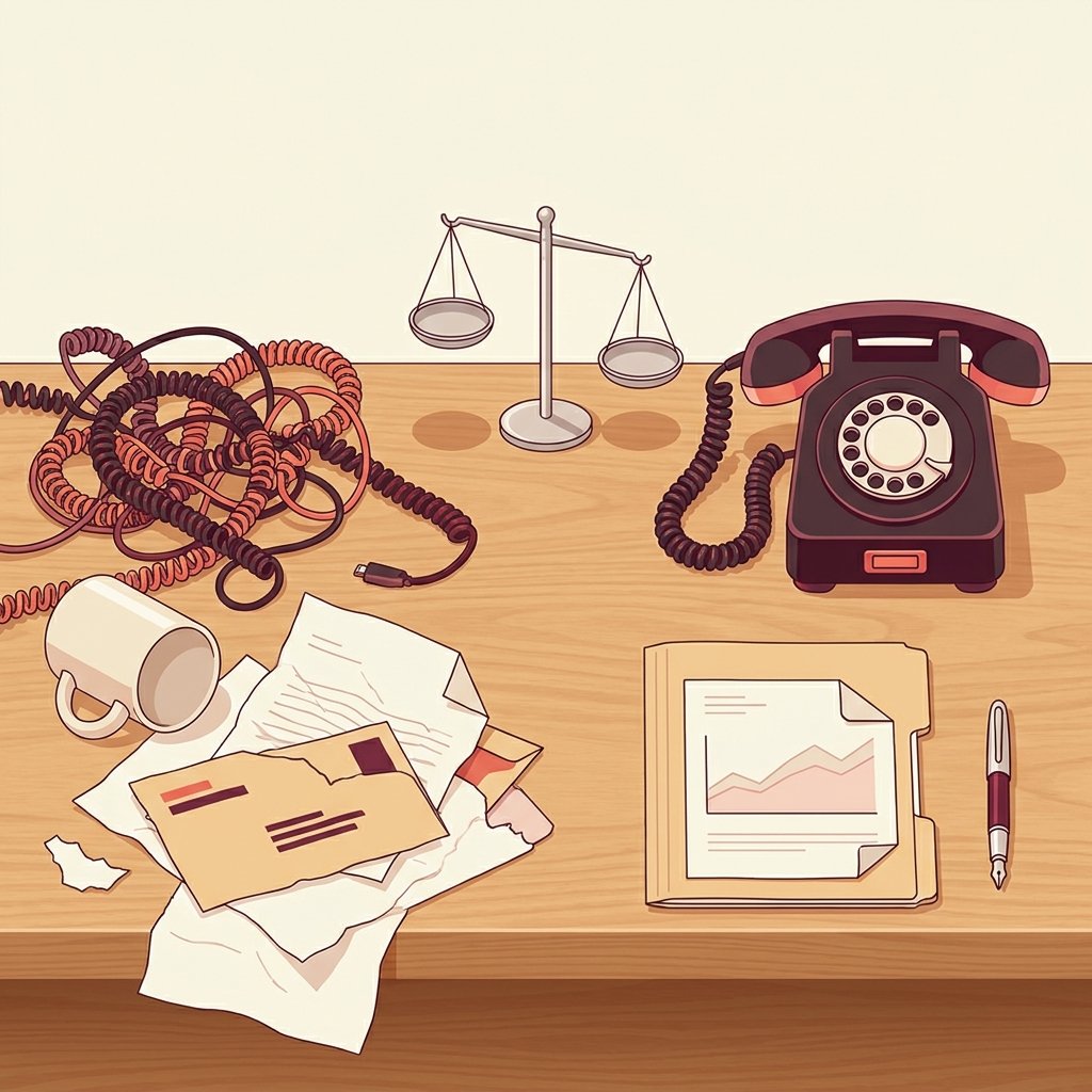 Editorial still-life contrasting two approaches to a high-acuity psychiatric patient moment on one wooden desk, with a chaotic tangled coiled telephone cord, a tipped-over empty ceramic mug, and a crooked stack of crumpled papers on the left representing the panicked unscripted hospitalization approach that erodes new-clinician confidence, and an upright vintage rotary desk telephone with the handset resting cleanly in its cradle beside a closed manila folder with a folded chart paper and an upright fountain pen on the right representing the calm structured scripted approach, with a small silver balance scale between them tipped slightly toward the orderly side — the central misread most new PMHNPs make about the hospitalization conversation.