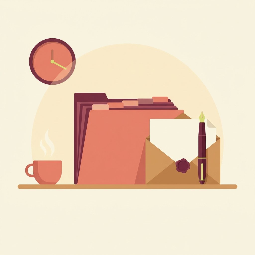 Editorial still-life of a closed accordion-style file folder organizer with multiple tabbed compartments on a quiet wooden desk beside a sealed manila envelope with a folded discharge summary peeking out, an upright fountain pen resting on top of the envelope, a ceramic cup of herbal tea with steam, and a small wall clock face under the warm focused circle of a reading lamp — visual representation of structured contemporaneous documentation and the safe warm handoff phase of a new PMHNP hospitalization decision.