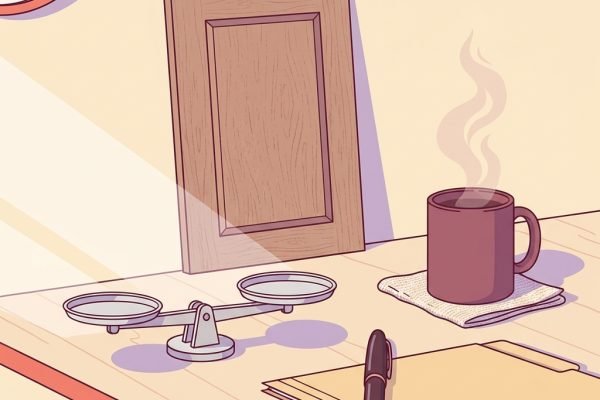 Editorial still-life of a closed wooden door standing upright in the background suggesting a calm clinical threshold, a small silver desktop balance scale resting level in the foreground, a ceramic mug of herbal tea with gentle steam, an upright fountain pen resting diagonally across a closed manila document folder, and a small circular wall clock face on a quiet wooden desk in soft natural side light — header illustration for a 2026 PMHNP confidence article on recommending an inpatient psychiatric hospitalization for a high-acuity patient.