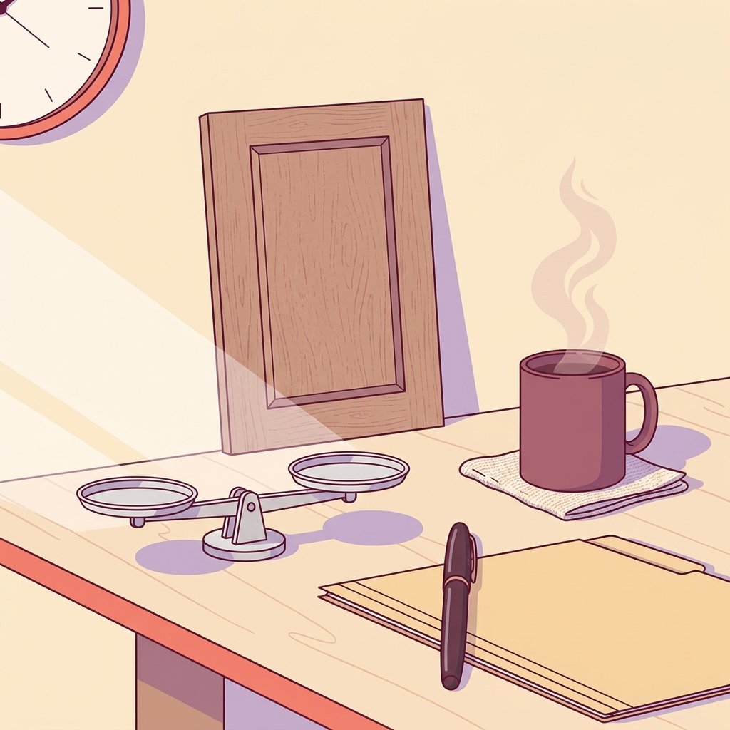 Editorial still-life of a closed wooden door standing upright in the background suggesting a calm clinical threshold, a small silver desktop balance scale resting level in the foreground, a ceramic mug of herbal tea with gentle steam, an upright fountain pen resting diagonally across a closed manila document folder, and a small circular wall clock face on a quiet wooden desk in soft natural side light — header illustration for a 2026 PMHNP confidence article on recommending an inpatient psychiatric hospitalization for a high-acuity patient.
