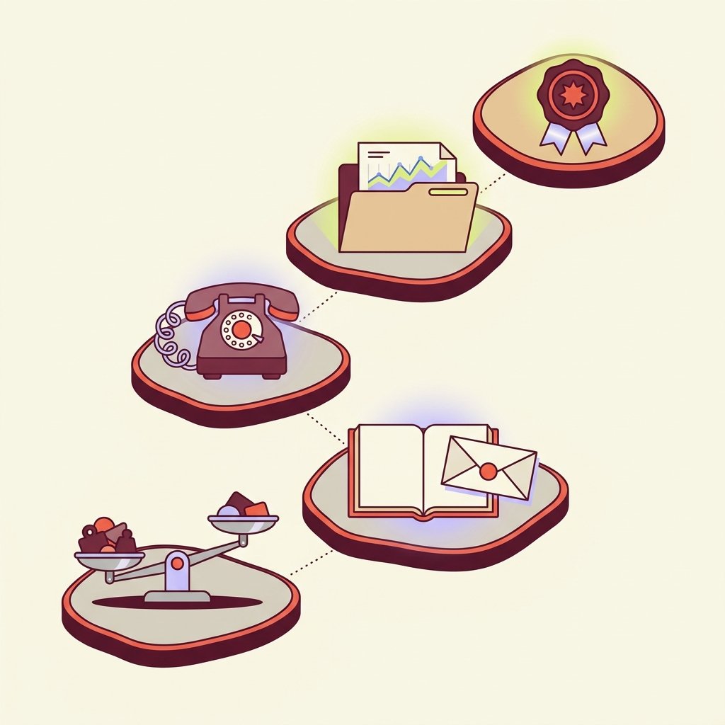 Five ascending stepping stones illustrating the new PMHNP hospitalization decision script: a silver balance scale with one pan tipped down representing the risk-stratification moment, a small open notebook with a folded letter representing the voluntary-versus-involuntary admission conversation, a vintage rotary desk telephone representing the warm-handoff phone call to the receiving facility, a closed manila folder with a folded chart paper representing the structured contemporaneous documentation moment, and a wax-seal medallion ribbon representing the secured safe handoff and case-closed confidence — portrait infographic in editorial illustration style.