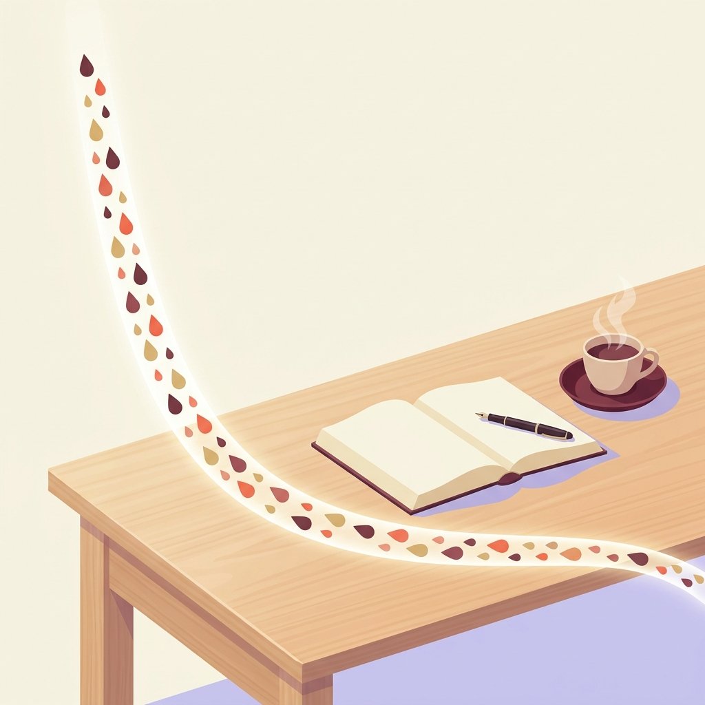 Editorial still-life of a smooth hyperbolic descending curve rendered as a glowing trail of small droplets on a quiet wooden desk beside an open clinical reference book, an upright fountain pen, and a small ceramic cup of tea with steam — visual representation of the neuroscience principle that serotonin transporter receptor occupancy follows a hyperbolic curve with antidepressant dose, the foundation of hyperbolic tapering.