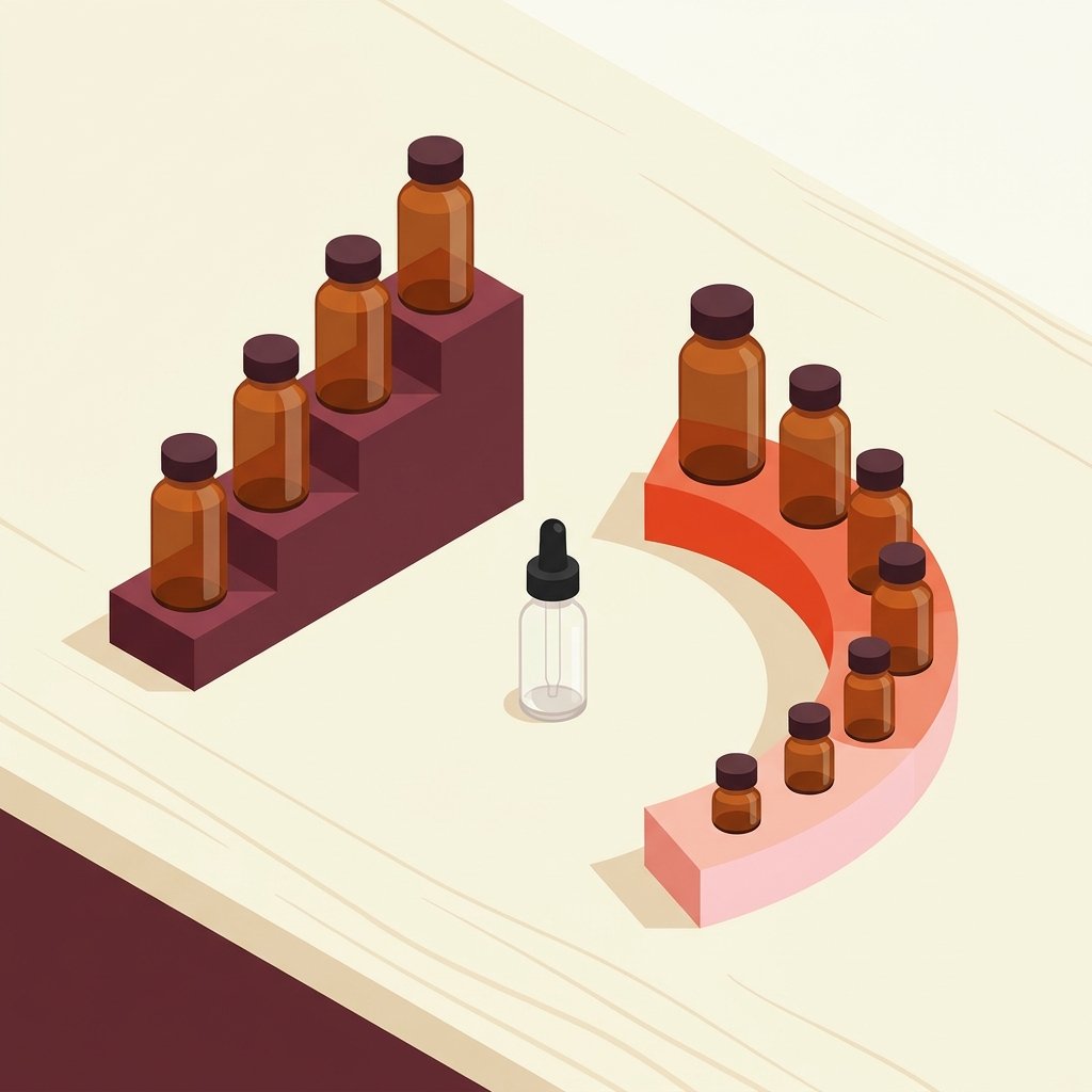 Editorial still-life contrasting two antidepressant tapering approaches on one wooden desk, with a rigid linear descending staircase of four identical amber medicine bottles in equal steps on the left representing the outdated fixed-percentage linear taper, and a smooth curved hyperbolic descending arc of six progressively smaller amber medicine bottles on the right representing the modern hyperbolic taper, with a glass dropper bottle between them — the central misread that most prescribers still make.