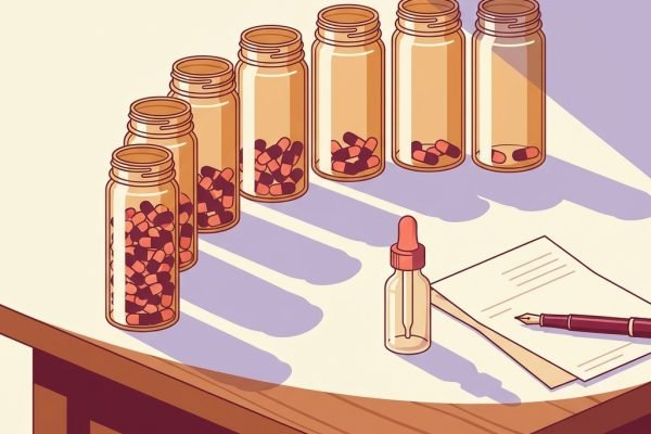 Editorial still-life of six small amber medicine bottles arranged in a smooth hyperbolic descending arc on a quiet wooden desk beside a glass dropper bottle of liquid medicine, a folded prescription pad, and a fountain pen in soft natural side light — header illustration for a 2026 PMHNP clinical practice article on hyperbolic antidepressant tapering protocols.