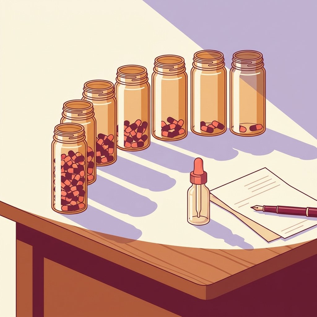 Editorial still-life of six small amber medicine bottles arranged in a smooth hyperbolic descending arc on a quiet wooden desk beside a glass dropper bottle of liquid medicine, a folded prescription pad, and a fountain pen in soft natural side light — header illustration for a 2026 PMHNP clinical practice article on hyperbolic antidepressant tapering protocols.