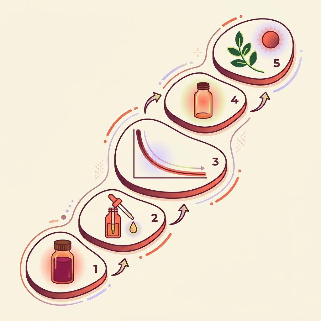 Five ascending stepping stones illustrating the hyperbolic antidepressant tapering protocol for PMHNPs: starting full dose, switching to liquid formulation for precise small reductions, reducing by ten percent of current dose every four weeks following a hyperbolic curve, reaching the final low-dose taper step, and achieving successful discontinuation without withdrawal — portrait infographic in editorial illustration style.