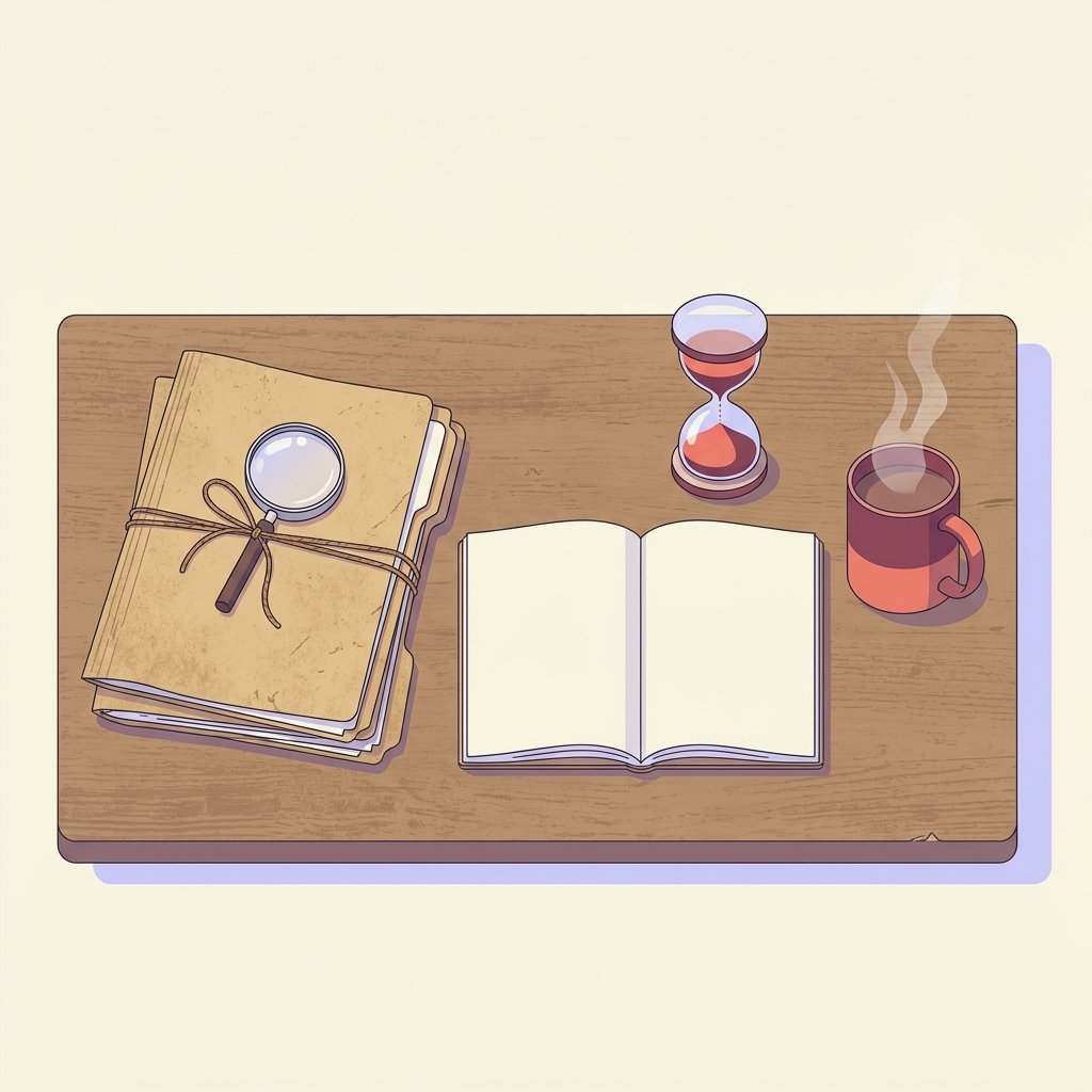 Editorial still-life of a tall stack of three weathered manila chart folders tied with thin twine cord representing the inherited records of a psychiatric patient panel, a fresh clean unmarked notebook open to a blank page in the center, a circular hourglass with sand visibly mid-flow resting upright beside the notebook, a small round magnifying glass on top of the stack of chart folders, and a ceramic mug of warm tea with quiet steam on a quiet wooden desk — visual representation of the first 90 days when a new PMHNP inherits a panel and the diagnostic risk that compounds quietly during the handoff window.
