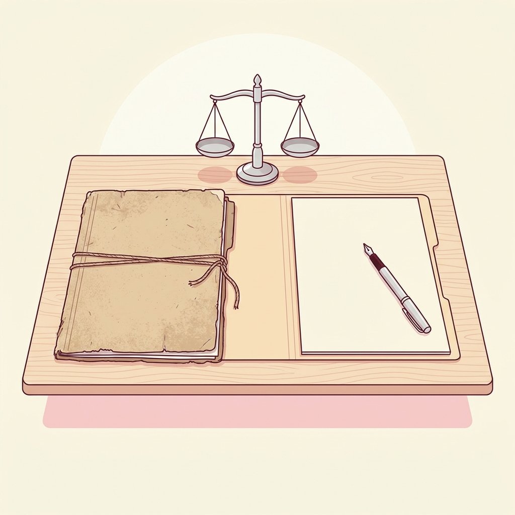 Editorial still-life of two closed manila chart folders resting side by side on a quiet wooden desk — the left folder weathered and slightly worn tied with thin twine cord representing the prior chart diagnosis, the right folder fresh clean and crisp resting open to a blank page representing the new PMHNP's fresh reassessment — with a small silver balance scale resting upright between the two folders with its pans level and balanced and an upright fountain pen resting diagonally across the fresh folder, illustrating the diagnostic reformulation step in a new PMHNP confidence script for reassessing an inherited diagnosis.