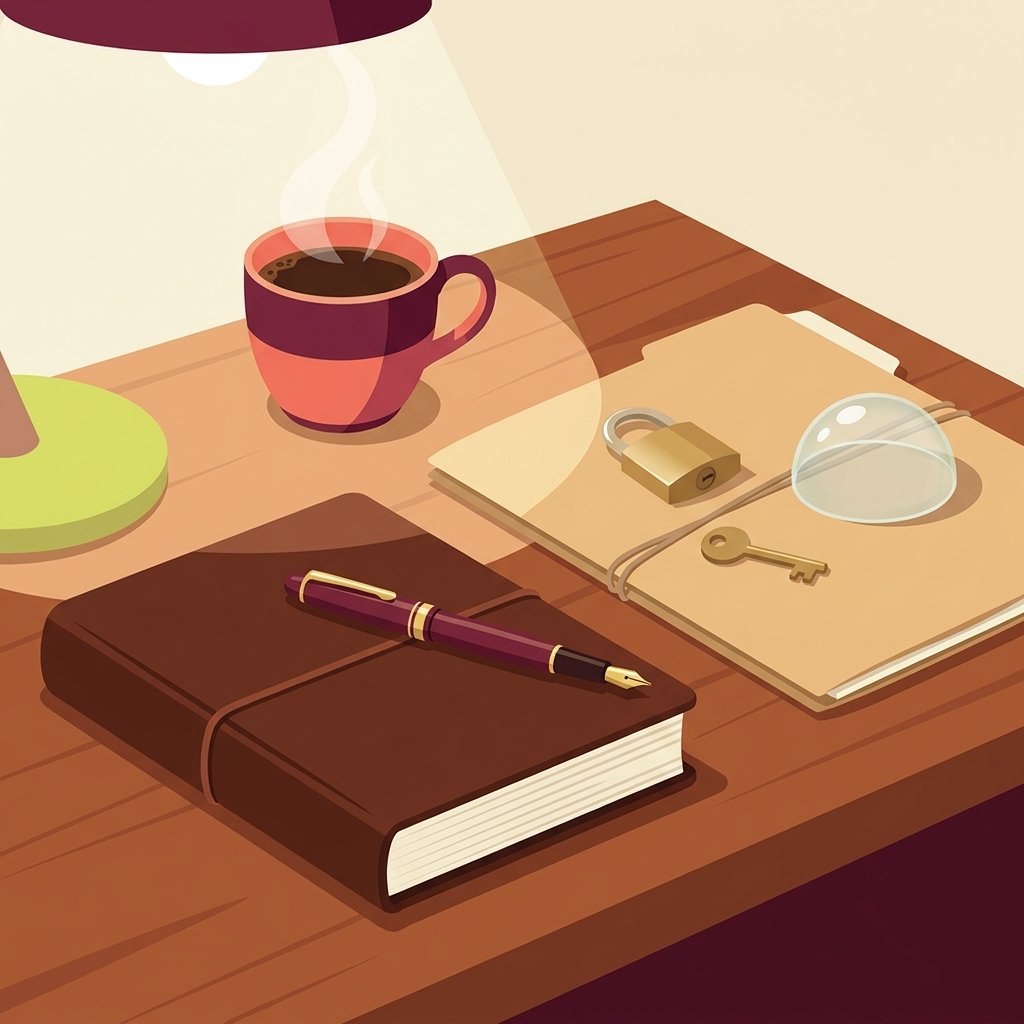 Editorial still-life of a closed leather notebook resting flat in the foreground with an upright fountain pen across its cover, a small smooth brass padlock beside a small brass key on top of a closed manila chart folder tied with thin twine cord, a small unlabeled glass paperweight on the folder, and a ceramic cup of warm tea with quiet steam under the warm focused circle of a small reading lamp on a quiet wooden desk — visual representation of the protected documentation step in a new PMHNP confidence script for reassessing an inherited psychiatric diagnosis.