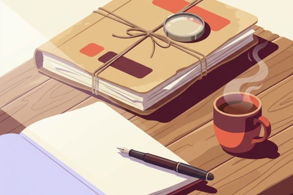 Editorial still-life of a thick weathered manila chart folder tied with thin twine cord resting closed at the back representing inherited psychiatric records, a fresh clean unmarked notebook open to a blank page in the foreground representing a new PMHNP's fresh reassessment, an upright fountain pen resting diagonally across the open notebook, a small round magnifying glass resting on the closed chart folder, and a ceramic mug of warm tea with gentle steam on a quiet wooden desk in soft natural side light — header illustration for a 2026 PMHNP confidence script for reassessing an inherited diagnosis when taking over a patient panel.
