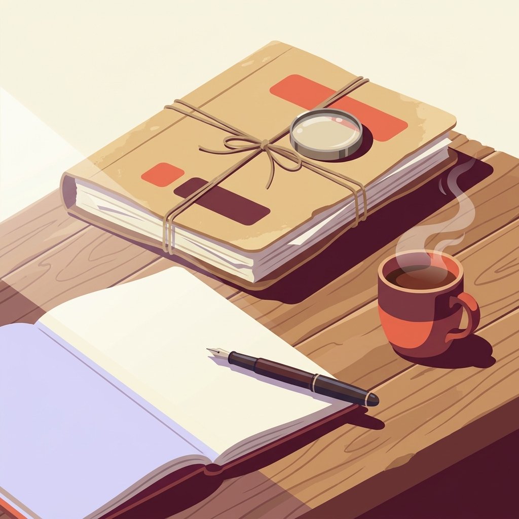 Editorial still-life of a thick weathered manila chart folder tied with thin twine cord resting closed at the back representing inherited psychiatric records, a fresh clean unmarked notebook open to a blank page in the foreground representing a new PMHNP's fresh reassessment, an upright fountain pen resting diagonally across the open notebook, a small round magnifying glass resting on the closed chart folder, and a ceramic mug of warm tea with gentle steam on a quiet wooden desk in soft natural side light — header illustration for a 2026 PMHNP confidence script for reassessing an inherited diagnosis when taking over a patient panel.