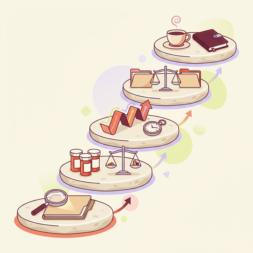 Five ascending stepping stones illustrating the new PMHNP workflow for reassessing an inherited psychiatric diagnosis: a round magnifying glass on a closed manila chart folder representing records review and information gathering, a row of three plain unlabeled prescription pill bottles beside a small silver balance scale representing medication reconciliation, a folded paper timeline ribbon beside a circular pocket watch representing the rebuilt longitudinal history, two closed manila chart folders side by side with a small silver balance scale between them representing the differential reformulation, and a ceramic teacup beside a closed leather notebook representing the calm patient conversation and shared decision — portrait infographic in editorial illustration style.