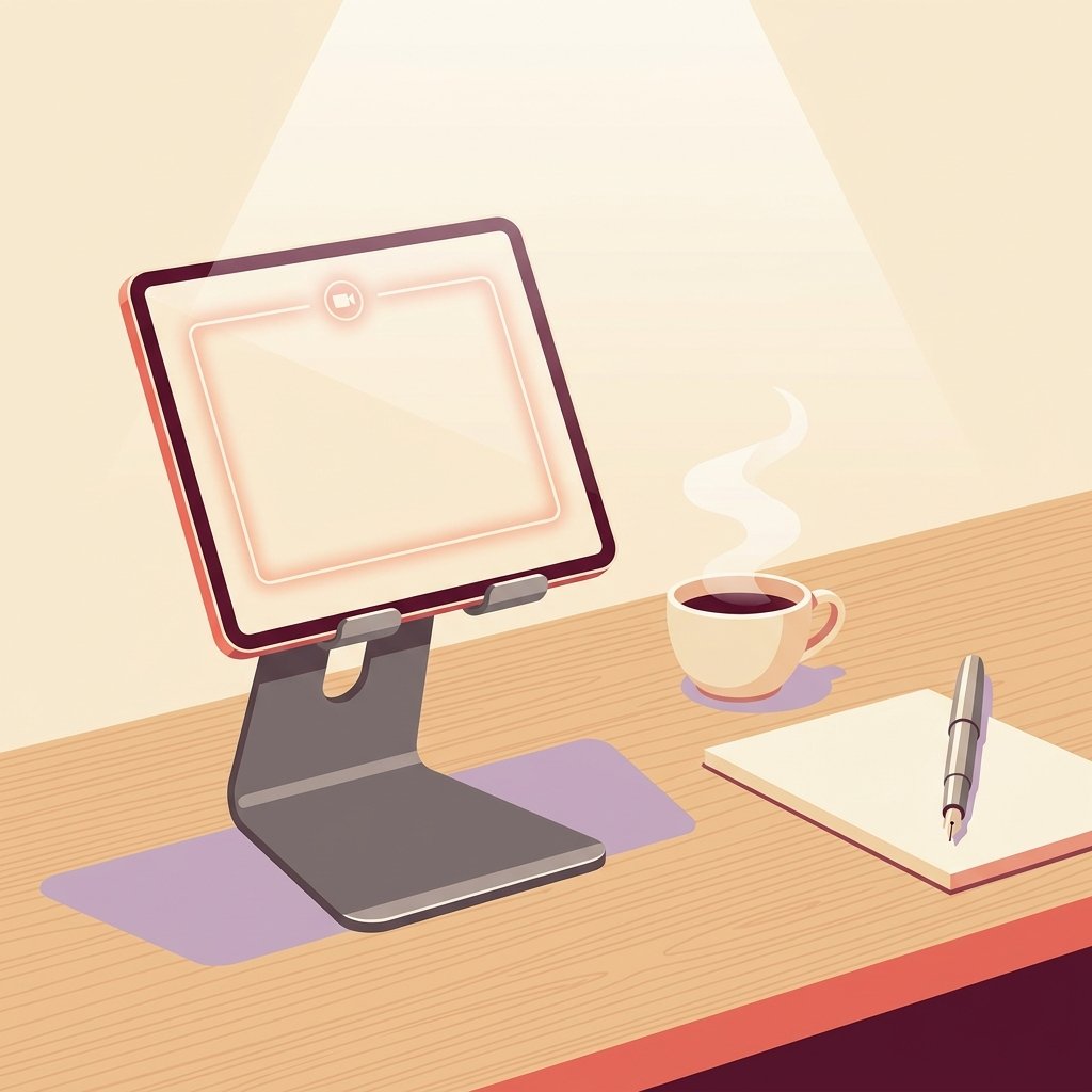 Editorial still-life of a tablet device standing upright on a quiet wooden desk displaying a glowing rectangular video-call frame and small camera-lens motif beside a ceramic cup of black coffee with steam and a fountain pen on a clean notepad — visual representation of permanent virtual direct supervision over real-time audio and video under the CY 2026 Medicare Physician Fee Schedule.