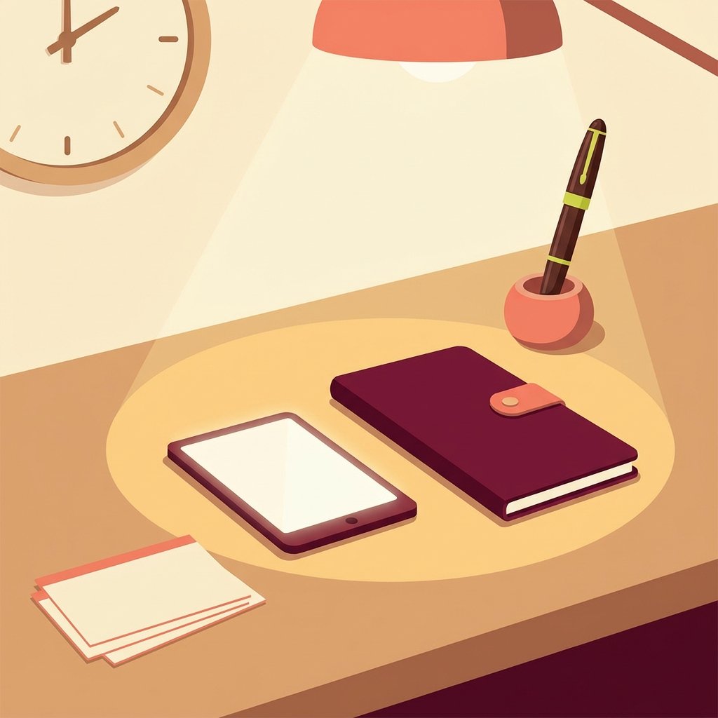 Editorial still-life of a small handheld digital therapeutic tablet device lying on a quiet wooden desk beside a closed prescription pad, a fountain pen in a ceramic holder, a small wall clock face, and three clean blank index cards under the warm focused circle of a reading lamp — visual representation of the CY 2026 Medicare expansion of digital mental health treatment device coverage to FDA-cleared devices for attention deficit hyperactivity disorder.