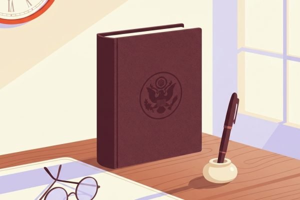 Editorial still-life of a closed federal-style policy binder standing on a clean wooden desk beside a fountain pen, a small wall clock, and a folded pair of reading spectacles in soft early-morning light — header illustration for a 2026 industry article on the CY 2026 Medicare Physician Fee Schedule final rule and its impact on psychiatric nurse practitioners.