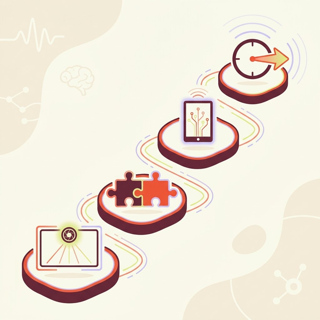 Four CY 2026 Medicare Physician Fee Schedule changes affecting PMHNPs rendered as ascending stepping stones: virtual direct supervision via real-time audio and video, behavioral health integration add-on codes for primary care collaboration, expanded digital mental health treatment device coverage now including ADHD, and lifted frequency limits on subsequent inpatient and nursing facility visits.