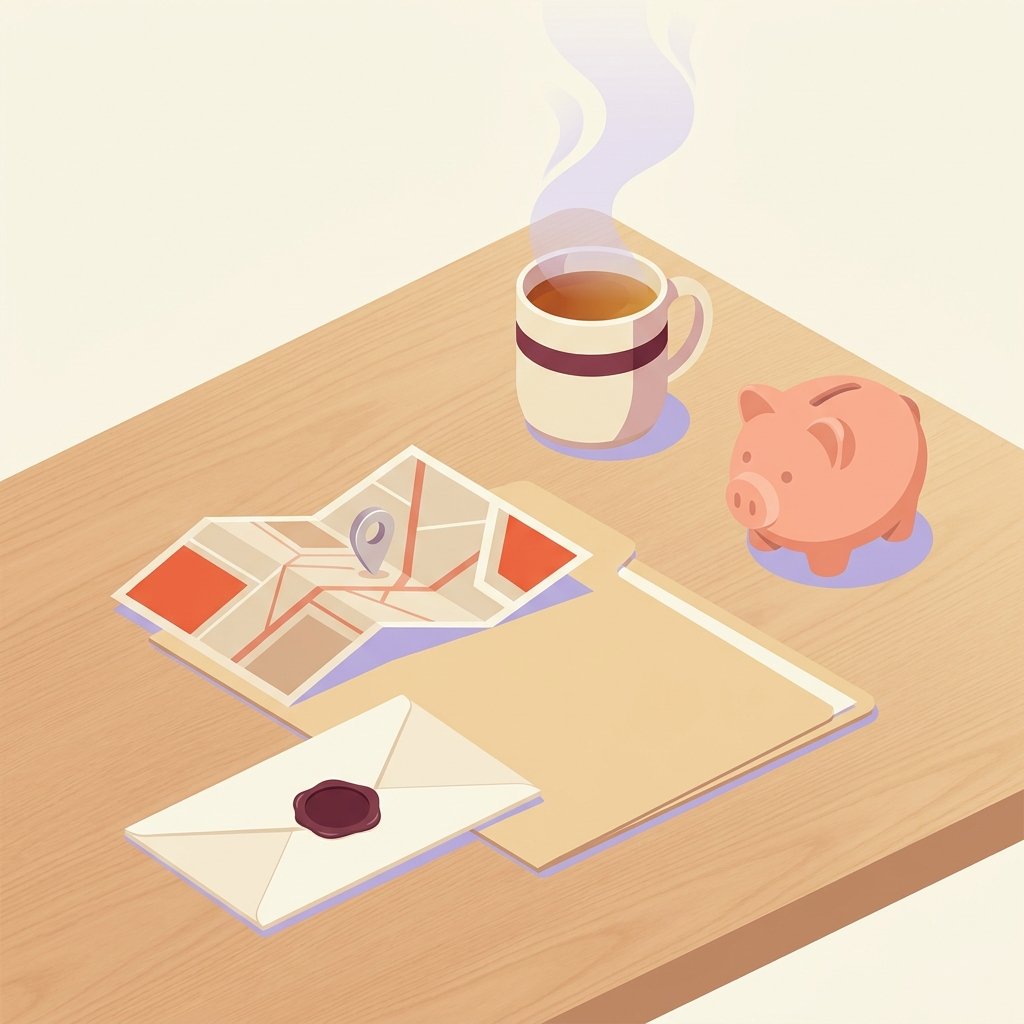 Editorial still-life of a small closed envelope with a smooth wax seal resting flat in the foreground beside a small unmarked folded paper map resting partially open, a small simple silver location pin resting on the map, a small smooth ceramic piggy bank resting upright with calm posture, a small unmarked closed manila folder beneath the map, and a ceramic mug of warm tea with quiet steam on a quiet wooden desk in soft natural overhead light — visual representation of the eighty-thousand-dollar window that early-career PMHNPs can unlock through federal loan repayment programs by serving in mental health shortage areas in 2026.