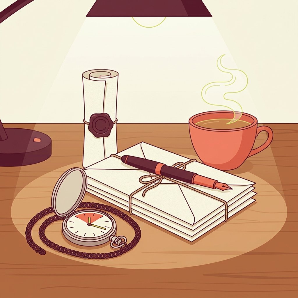 Editorial still-life of a small circular pocket watch resting flat in the foreground with its chain coiled neatly to the side, a small tidy stack of three closed unmarked envelopes tied with thin twine cord beside the watch, a small unmarked rolled paper scroll with a smooth wax seal resting upright behind the envelopes, an upright fountain pen resting diagonally across the stack of envelopes, and a ceramic cup of warm tea with quiet steam under the warm focused circle of a small reading lamp on a quiet wooden desk — visual representation of the PMHNP loan forgiveness application strategy: deadlines, paperwork, employer certification, and the file built well before the next cycle opens.