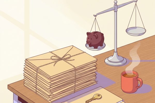 Editorial still-life of a tall stack of closed unmarked envelopes tied neatly with thin twine cord representing accumulated student loan paperwork, a small silver balance scale resting upright with one pan noticeably lifted to symbolize debt being lifted off, a small smooth ceramic piggy bank resting calmly beside the scale, a small unmarked closed manila folder beneath the envelopes with a small brass key resting diagonally on top, and a ceramic mug of warm tea with gentle steam on a quiet wooden desk in soft natural side light — header illustration for a 2026 industry guide to PMHNP student loan forgiveness and repayment programs worth up to eighty thousand dollars.