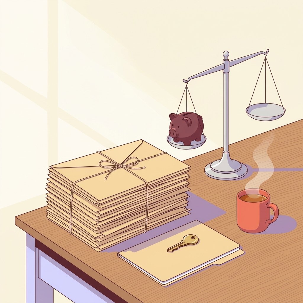 Editorial still-life of a tall stack of closed unmarked envelopes tied neatly with thin twine cord representing accumulated student loan paperwork, a small silver balance scale resting upright with one pan noticeably lifted to symbolize debt being lifted off, a small smooth ceramic piggy bank resting calmly beside the scale, a small unmarked closed manila folder beneath the envelopes with a small brass key resting diagonally on top, and a ceramic mug of warm tea with gentle steam on a quiet wooden desk in soft natural side light — header illustration for a 2026 industry guide to PMHNP student loan forgiveness and repayment programs worth up to eighty thousand dollars.