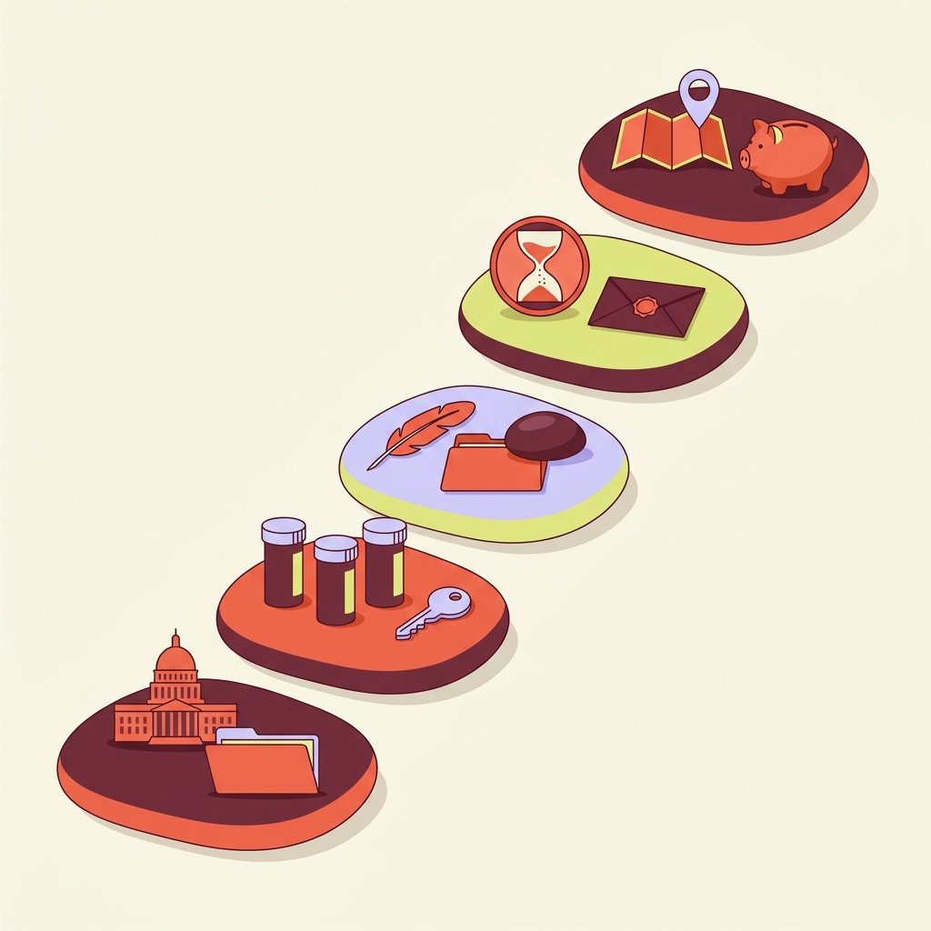 Five ascending stepping stones illustrating the five federal and state loan forgiveness pathways available to PMHNPs in 2026: a small federal capitol-style building silhouette on a closed folder representing the NHSC Loan Repayment Program, a row of three plain unlabeled prescription pill bottles beside a small silver key representing the NHSC Substance Use Disorder Workforce program, a feather and a smooth river stone on a closed folder representing the Indian Health Service loan repayment program, a small circular hourglass beside a closed envelope with a wax seal representing the ten-year Public Service Loan Forgiveness pathway, and a small unmarked folded paper map with a silver location pin beside a small smooth ceramic piggy bank representing state-level repayment programs — portrait infographic in editorial illustration style.