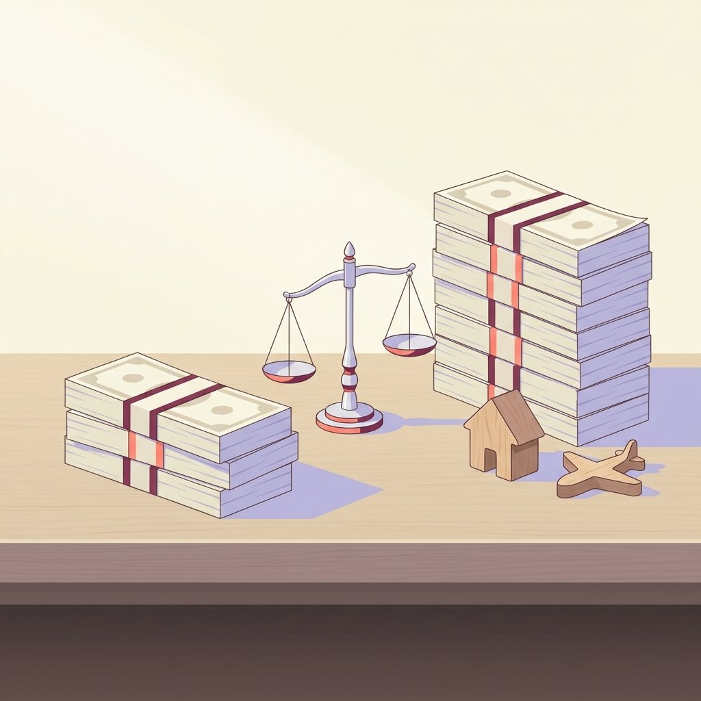 Editorial still-life of two distinct neatly bound stacks of paper currency on a wooden desk — on the left a shorter modest stack representing a permanent staff salary, and on the right a taller stack beside a small house-shaped wooden token and an airplane-shaped wooden token representing a locum tenens hourly rate plus housing and travel stipends, with a small silver balance scale between them tipped toward the taller stack — visual representation of how locum tenens compensation actually outpaces permanent PMHNP pay in 2026.