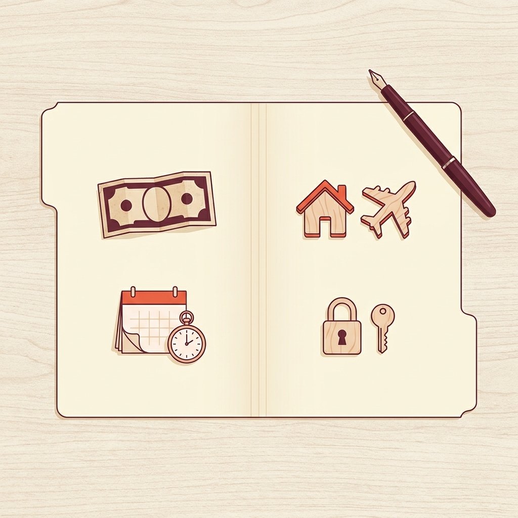 Editorial still-life of an open manila document folder on a wooden desk with four distinct symbolic objects arranged in a neat square across its surface — a folded paper currency note representing the hourly rate, a small house-shaped wooden token beside an airplane-shaped wooden token representing housing and travel stipends, a folded paper calendar beside a small pocket watch representing start and end dates and shift schedule, and a small smooth padlock beside a key representing the termination clause — with an upright fountain pen resting diagonally across the folder, illustrating the four PMHNP locum contract terms worth negotiating.