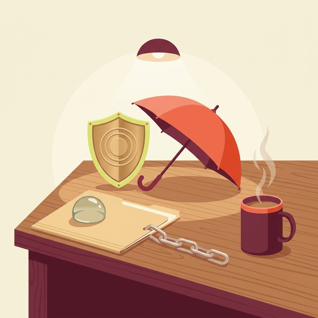 Editorial still-life of a small brass shield resting upright beside an open umbrella representing claims-made versus occurrence malpractice coverage, a smooth chain link extending beyond a closed manila document folder representing the tail-coverage reporting window, and a ceramic cup of warm coffee with steam under the warm focused circle of a reading lamp on a quiet wooden desk — visual representation of the malpractice and tail-coverage question a PMHNP must answer before signing a locum tenens contract.