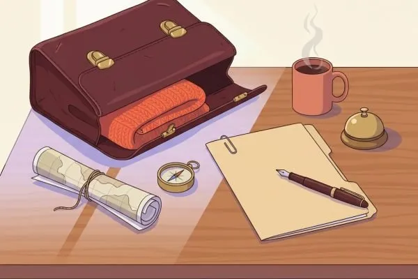 Editorial still-life of an open vintage leather satchel travel bag resting on its side with a folded wool blanket peeking from inside, a small unlabeled compass beside a rolled paper map tied with twine, a closed manila document folder with a paperclip and an upright fountain pen across it representing a signed contract, a small brass desk bell, and a ceramic mug of warm coffee with gentle steam on a quiet wooden desk in soft natural side light — header illustration for a 2026 PMHNP career-and-business guide to locum tenens contracts, pay, and the four terms that decide whether the headline rate is real.