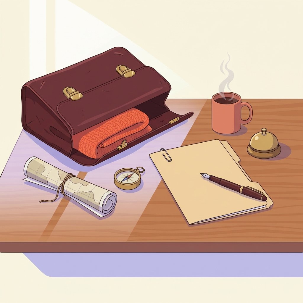 Editorial still-life of an open vintage leather satchel travel bag resting on its side with a folded wool blanket peeking from inside, a small unlabeled compass beside a rolled paper map tied with twine, a closed manila document folder with a paperclip and an upright fountain pen across it representing a signed contract, a small brass desk bell, and a ceramic mug of warm coffee with gentle steam on a quiet wooden desk in soft natural side light — header illustration for a 2026 PMHNP career-and-business guide to locum tenens contracts, pay, and the four terms that decide whether the headline rate is real.