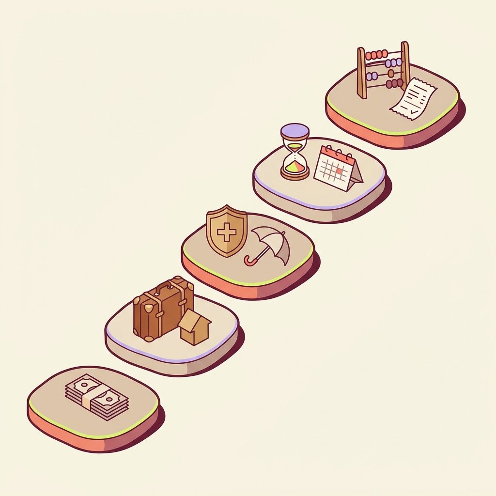 Five ascending stepping stones illustrating the PMHNP workflow for evaluating a locum tenens contract: a small stack of paper currency bound with a paper band representing the headline hourly rate, a vintage leather suitcase beside a small house-shaped wooden token representing the housing and travel stipend, a small brass shield beside an umbrella representing the malpractice policy and tail coverage question, a circular hourglass beside a folded paper calendar representing the credentialing timeline and shift schedule, and a small abacus beside a folded receipt representing the 1099 quarterly tax and write-off setup — portrait infographic in editorial illustration style.
