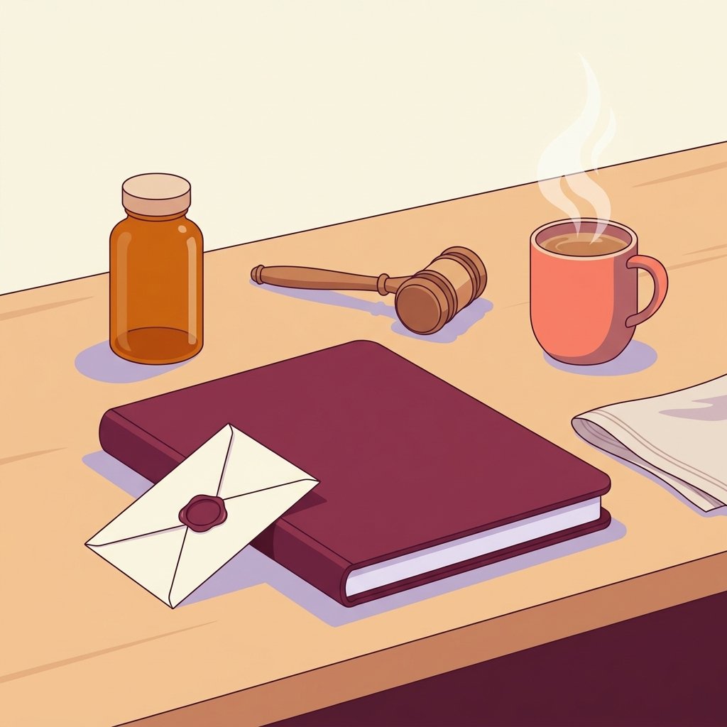 Editorial still-life of a small closed regulatory binder resting flat on a quiet wooden desk representing the CMS-0057-F final rule, a smooth empty amber prescription bottle standing upright beside the binder representing the prescription drug category explicitly carved out of the rule, a small wax-sealed envelope tilted against the binder representing the official policy document, a small wooden gavel resting flat on its side behind the binder representing regulatory authority, and a ceramic mug of warm tea with quiet steam in soft natural overhead light — visual representation of the drug-sized hole in the 2026 CMS prior authorization rule.