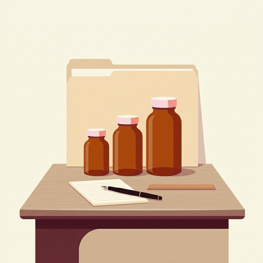 Editorial still-life of three small amber prescription bottles arranged in an ascending staircase from left to right on a quiet wooden desk with each bottle slightly taller than the last representing the sequence of generic trials a stepped-therapy criterion requires before brand approval, a small ruled cream paper notepad resting flat in front of the bottles with a thin black fountain pen resting diagonally across its surface representing the five-field prior trial chart (drug, dose, duration, response, discontinuation reason), a small simple wooden ruler resting flat beside the notepad representing documentation discipline at intake, and a small unmarked closed manila chart folder behind the bottles in soft overhead light — visual representation of how PMHNPs beat the stepped-care prior authorization trap.