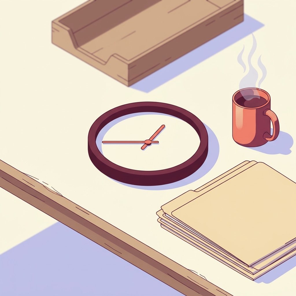 Editorial still-life of a small analog wall clock lying flat on a quiet wooden desk with its hands positioned to suggest a long span of elapsed time representing the 13 hours of weekly prior authorization work physicians average in 2026, a neat stack of three unmarked manila chart folders resting flat beside the clock representing batched prior authorization requests, a simple wooden mail-tray sitting empty in the background, and a ceramic mug of warm tea with gentle steam in soft natural side light — header illustration for a 2026 PMHNP career-and-business playbook on prior authorization workflow.
