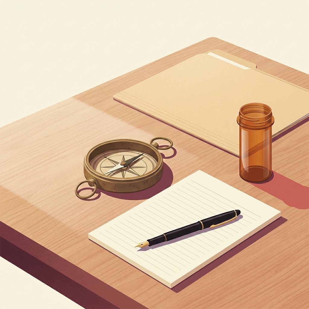 Editorial still-life of a small antique brass pocket compass viewed from above with its needle pointing steadily toward the top of the frame on a quiet wooden clinician desk representing prazosin's first-line algorithmic position in the 2024–2025 PTSD psychopharmacology algorithm update, a small smooth empty amber prescription bottle standing upright beside the compass representing the prazosin prescription, a small neat closed manila chart folder resting flat behind the bottle representing the PTSD diagnosis, and a small ruled cream paper notepad resting flat in front of the compass with a thin black fountain pen resting diagonally across it representing the treatment-algorithm documentation, in soft natural side light — visual representation of why prazosin still leads after the 2018 PACT trial.