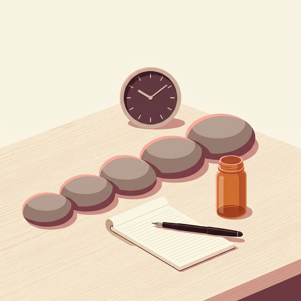 Editorial still-life of five small smooth river stones arranged in a gentle ascending stepped row from left to right on a quiet wooden desk each one slightly larger than the last representing the stepwise prazosin titration milestones from 1 mg at bedtime up to a therapeutic target dose, a small simple analog desk clock viewed from the front showing late evening hours behind the stones representing bedtime dosing, a small smooth empty amber prescription bottle standing upright to the side of the stones representing the prazosin prescription, and a small ruled cream paper notepad resting flat in front of the stones with a thin black fountain pen resting diagonally across it representing the patient-specific titration plan, in soft overhead light — visual representation of the 2026 prazosin titration ladder for PTSD nightmares.