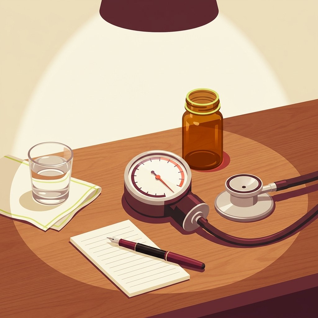 Editorial still-life of a small classic analog aneroid blood-pressure gauge laid flat with its round dial face visible on a quiet wooden clinician desk representing the orthostatic measurement at each prazosin titration step, a small simple metal stethoscope chestpiece resting flat beside the gauge representing auscultation, a small smooth empty amber prescription bottle standing upright behind the gauge representing the prazosin prescription, a small clean clear glass tumbler of water resting on a small folded cloth coaster representing hydration counsel for first-dose hypotension, and a small ruled cream paper notepad with a thin black fountain pen resting diagonally across it representing the BP-monitoring log, in soft warm focused light from a small reading lamp — visual representation of the orthostatic safety floor in PMHNP prazosin titration for PTSD nightmares.