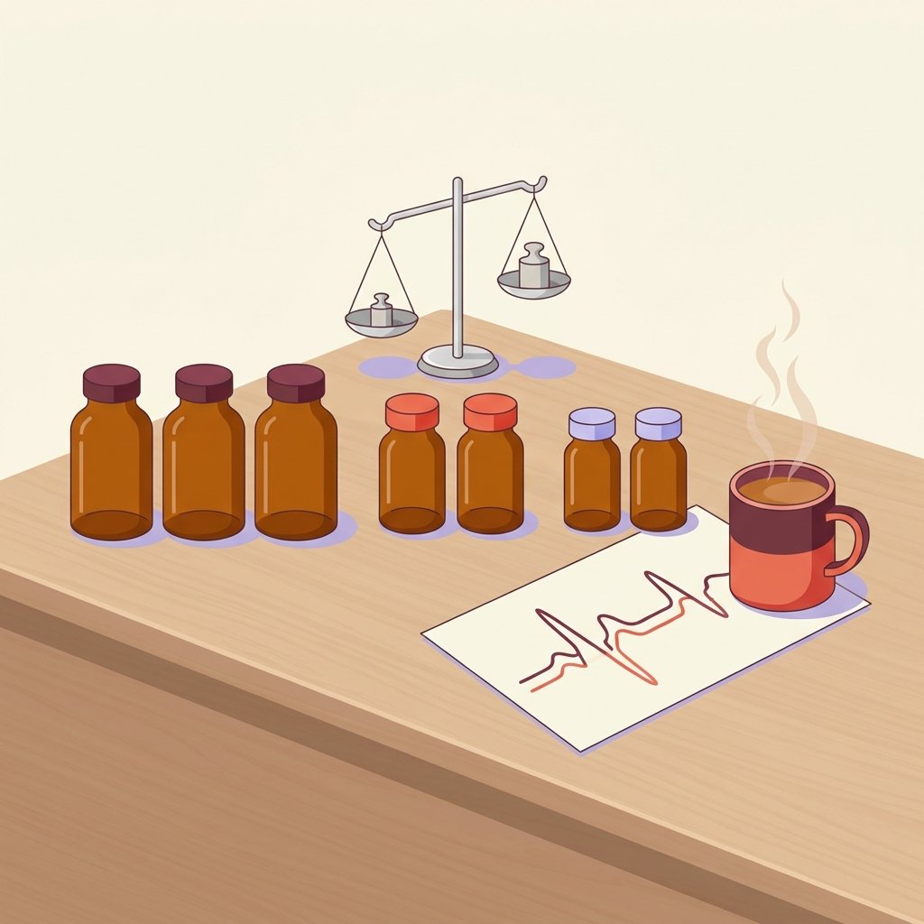 Editorial still-life of three distinct rows of unmarked smooth amber prescription bottles arranged neatly from left to right on a quiet wooden desk — the leftmost row holding three bottles representing highest-risk QT-prolonging agents, the middle row holding two bottles representing moderate-risk agents, and the rightmost row holding two bottles representing lowest-risk substitutions — with a small silver balance scale resting upright behind the bottles, a stylized abstract ECG strip drawn on cream paper resting beside the bottles, and a ceramic mug of warm tea with quiet steam — visual representation of the 2026 PMHNP psychotropic risk hierarchy for QTc prolongation.