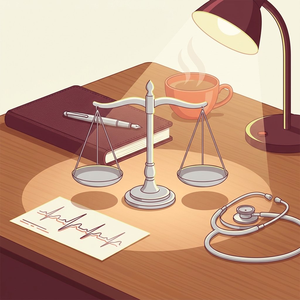 Editorial still-life of a small silver balance scale resting upright on a quiet wooden desk with its two pans level and balanced, a stylized abstract ECG strip drawn on cream paper resting beside the scale, a small smooth silver stethoscope coiled neatly to the side, a closed leather notebook resting flat behind the scale with an upright fountain pen across its cover representing the documented decision, and a ceramic cup of warm tea with quiet steam under the warm focused circle of a small reading lamp — visual representation of the PMHNP decision tree for when to taper, switch, hold, or call cardiology in response to an elevated QTc.