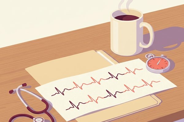 Editorial still-life of a stylized abstract ECG strip with subtle smooth curved peaks drawn on cream paper resting flat in the foreground, a small smooth silver stethoscope coiled neatly to the side, a small simple analog stopwatch resting beside the ECG strip representing the precise timing of the QT interval, a small unmarked closed manila chart folder beneath the strip, and a ceramic mug of warm tea with gentle steam on a quiet wooden desk in soft natural side light — header illustration for a 2026 PMHNP clinical-practice protocol on QTc monitoring for psychotropic medications.